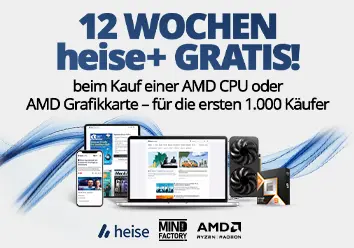 12 Wochen heise+ All-Inclusive GRATIS Beim Kauf einer AMD CPU oder AMD Grafikkarte f&uuml;r die ersten 1.000 K&auml;ufer.