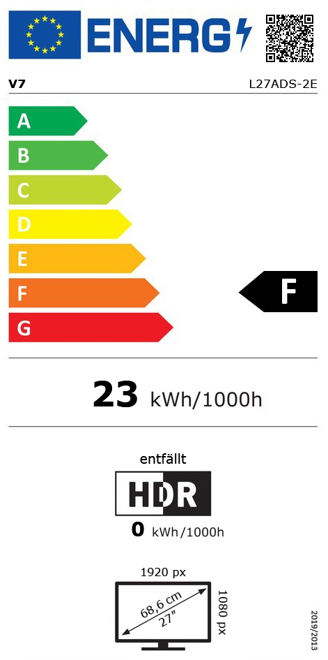 27" (68,58cm) V7 L27ADS-2E schwarz 1920x1080 1xDVI / 1xHDMI /