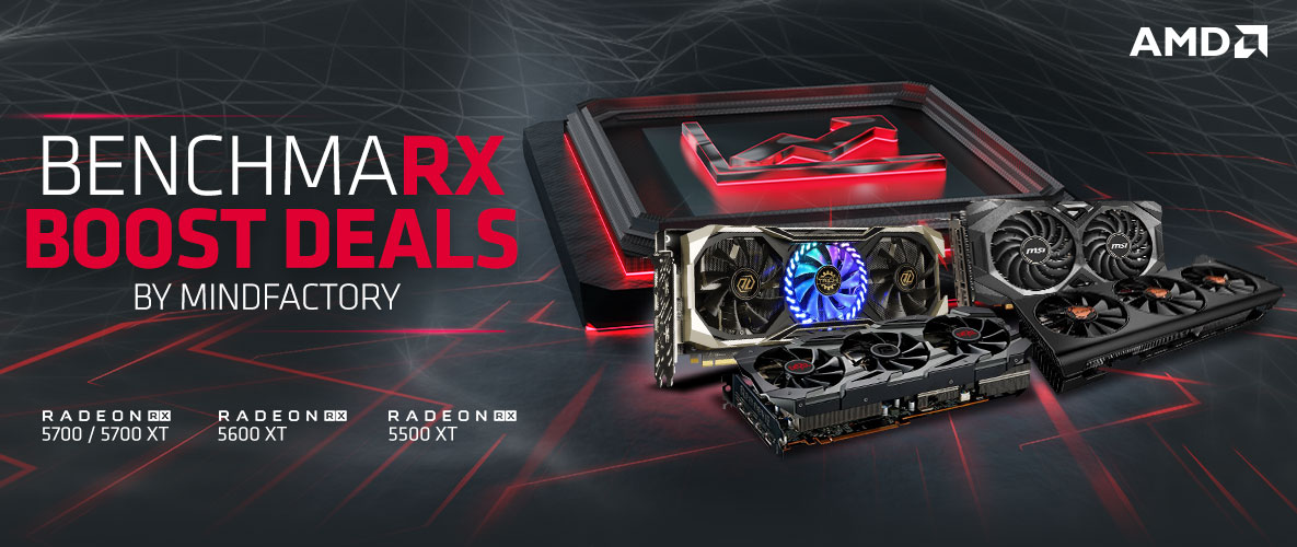 Holen Sie sich Ihren persönlichen BenchmaRX Boost mit den AMD Radeon™ RX Grafikkarten aus der 5000er Serie. Holen Sie sich Ihren persönlichen BenchmaRX Boost mit den AMD Radeon™ RX Grafikkarten aus der 5000er Serie.