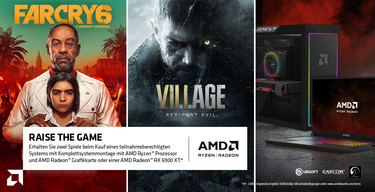Erhalten Sie zwei Spiele beim Kauf eines teilnahmeberechtigten Systems mit Komplettsystemmontage mit AMD Ryzen™ Prozessor und AMD Radeon™ Grafikkarte oder einer AMD Radeon™ RX 6900 XT.* Erhalten Sie zwei Spiele beim Kauf eines teilnahmeberechtigten Systems mit Komplettsystemmontage mit AMD Ryzen™ Prozessor und AMD Radeon™ Grafikkarte oder einer AMD Radeon™ RX 6900 XT.*