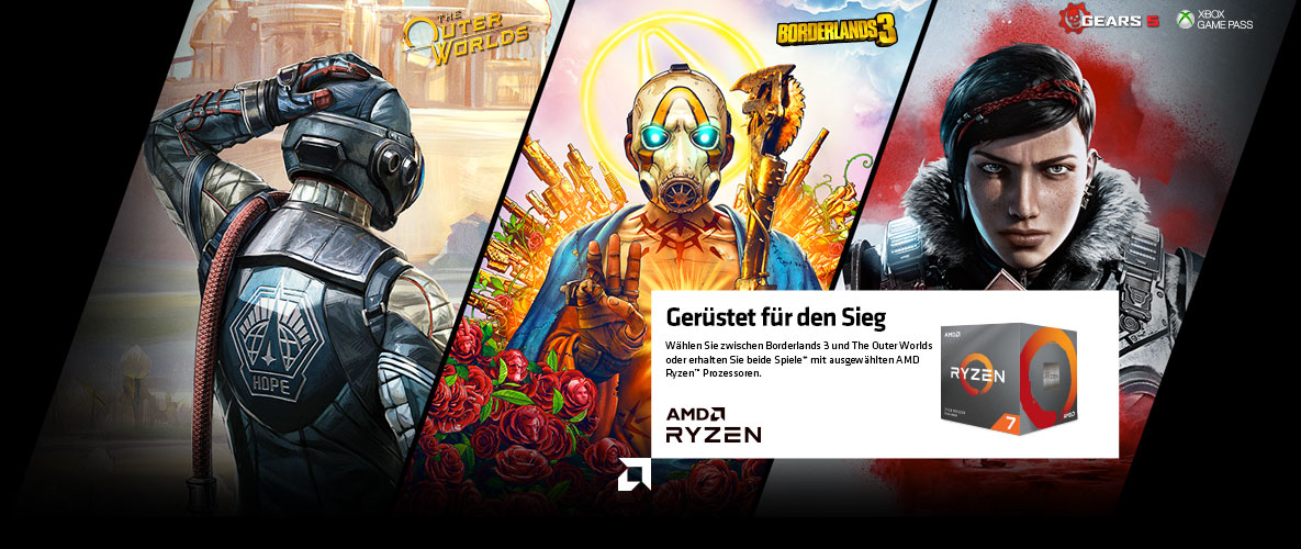 Wählen Sie zwischen Borderlands 3 und The Outer Worlds oder erhalten Sie beide Spiele* mit ausgewählten AMD Ryzen™ Prozessoren. Wählen Sie zwischen Borderlands 3 und The Outer Worlds oder erhalten Sie beide Spiele* mit ausgewählten AMD Ryzen™ Prozessoren. Außerdem erhalten Sie 3 Monate den Xbox Game Pass für PC* und spielen Gears 5.