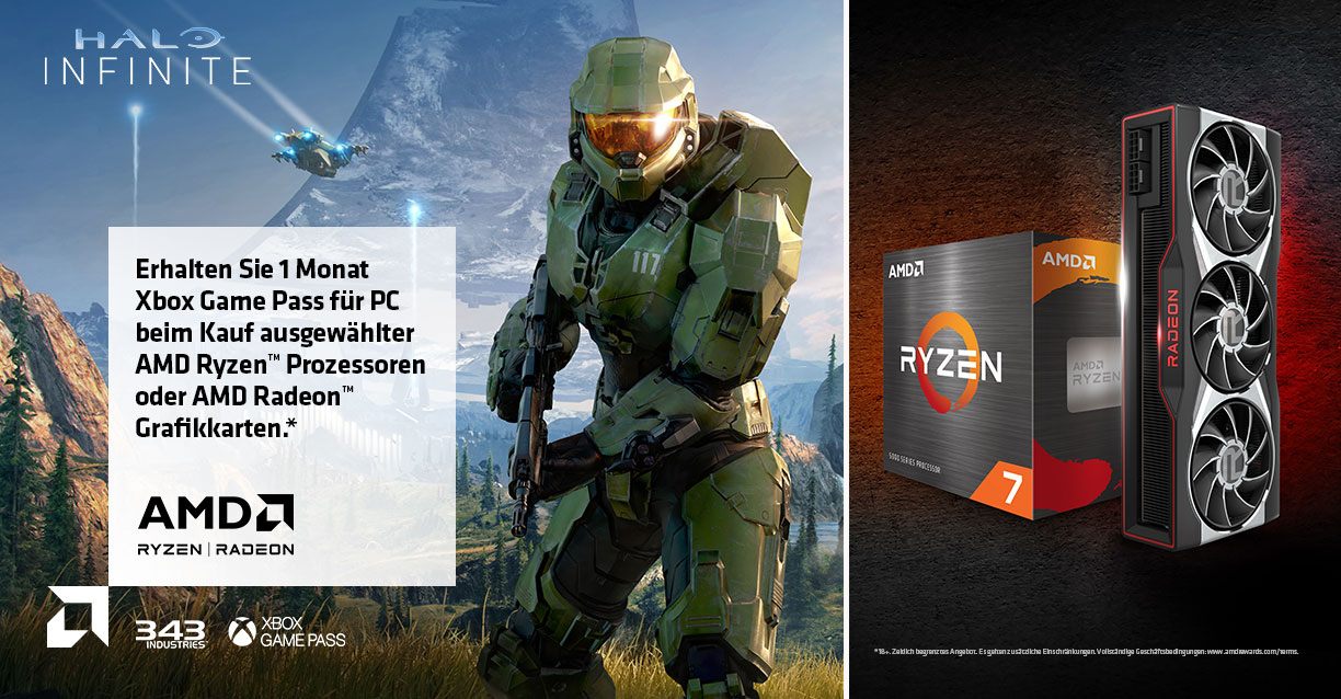 Erhalten Sie 1 Monat Xbox Game Pass für PC beim Kauf ausgewählter AMD Ryzen™ Prozessoren oder AMD Radeon™ Grafikkarten.* Erhalten Sie 1 Monat Xbox Game Pass für PC beim Kauf ausgewählter AMD Ryzen™ Prozessoren oder AMD Radeon™ Grafikkarten.*