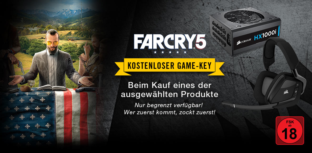Bereit für FarCry5! Kostenloser Game-Key beim Kauf ausgewählter Corsair-Produkte Bereit für FarCry5! Kostenloser Game-Key beim Kauf ausgewählter Corsair-Produkte