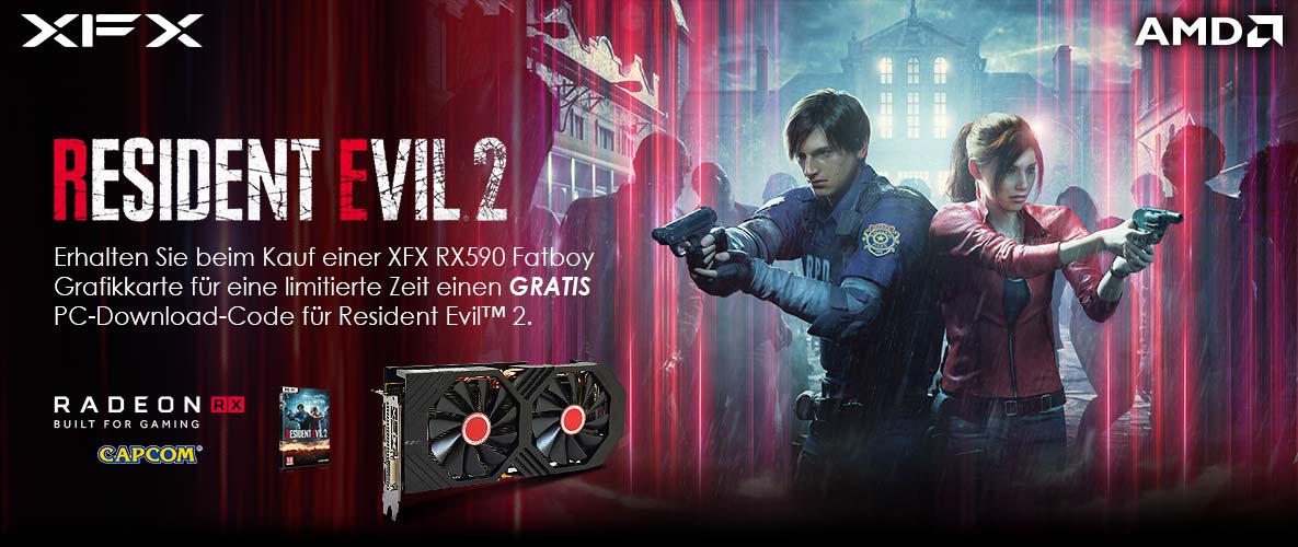 Erhalten Sie beim Kauf einer XFX RX590 Fatboy Grafikkarte für eine limitierte Zeit einen GRATIS PC-Download-Code für Resident Evil™ 2. Erhalten Sie beim Kauf einer XFX RX590 Fatboy Grafikkarte für eine limitierte Zeit einen GRATIS PC-Download-Code für Resident Evil™ 2.